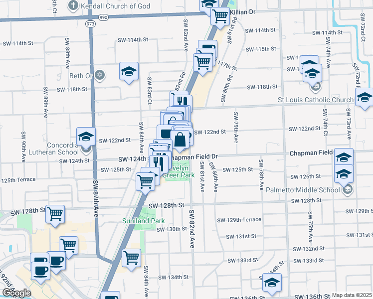 map of restaurants, bars, coffee shops, grocery stores, and more near 12368 Southwest 82nd Avenue in Pinecrest