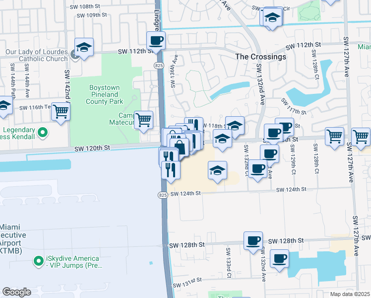 map of restaurants, bars, coffee shops, grocery stores, and more near 13630 Southwest 120th Street in Miami