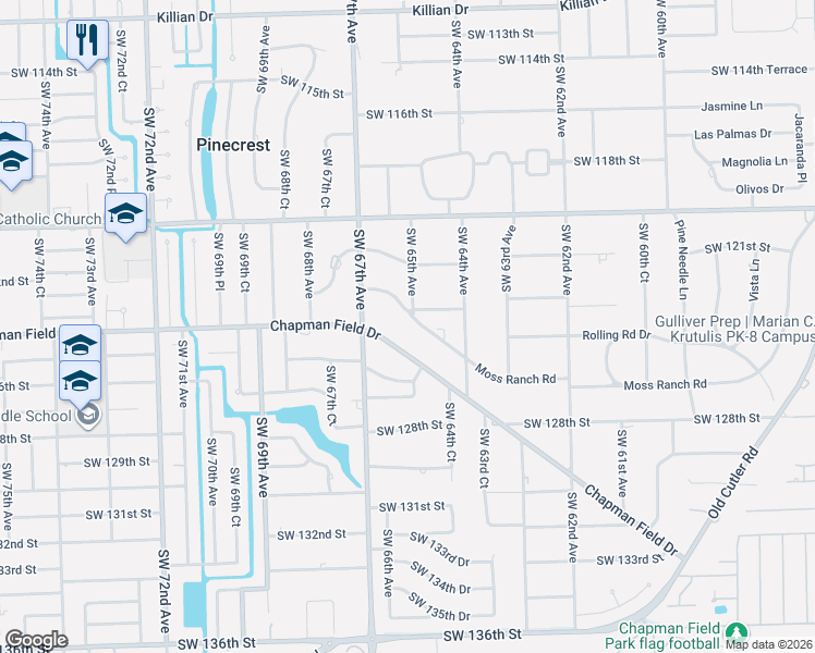 map of restaurants, bars, coffee shops, grocery stores, and more near 6500 Southwest 123rd Street in Pinecrest