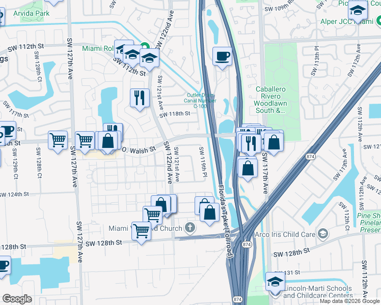 map of restaurants, bars, coffee shops, grocery stores, and more near 12001 Southwest 121st Terrace in Miami