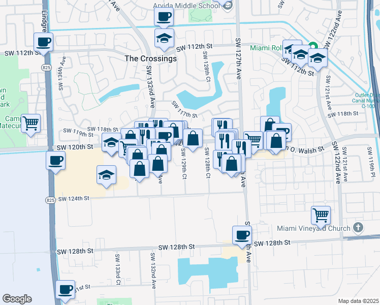 map of restaurants, bars, coffee shops, grocery stores, and more near 12009 Southwest 129th Court in Miami