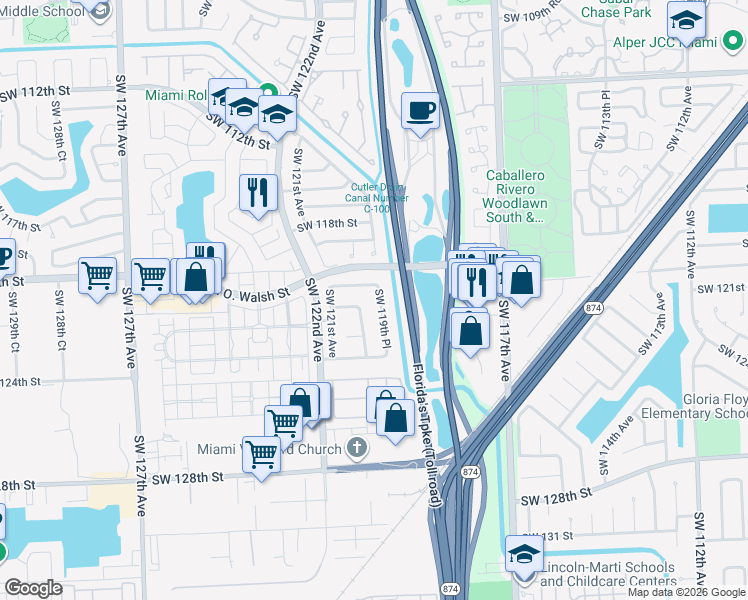 map of restaurants, bars, coffee shops, grocery stores, and more near 12001 Southwest 121st Terrace in Miami