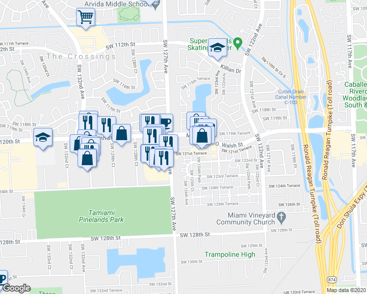 map of restaurants, bars, coffee shops, grocery stores, and more near 12175 Southwest 121st Street in Miami