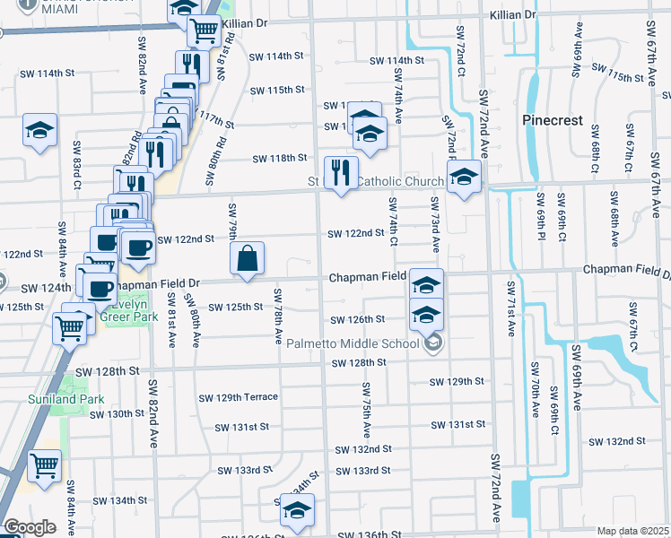 map of restaurants, bars, coffee shops, grocery stores, and more near 7601 Southwest 124th Street in Miami