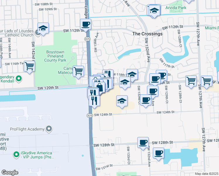 map of restaurants, bars, coffee shops, grocery stores, and more near 13430 Southwest 120th Street in Miami