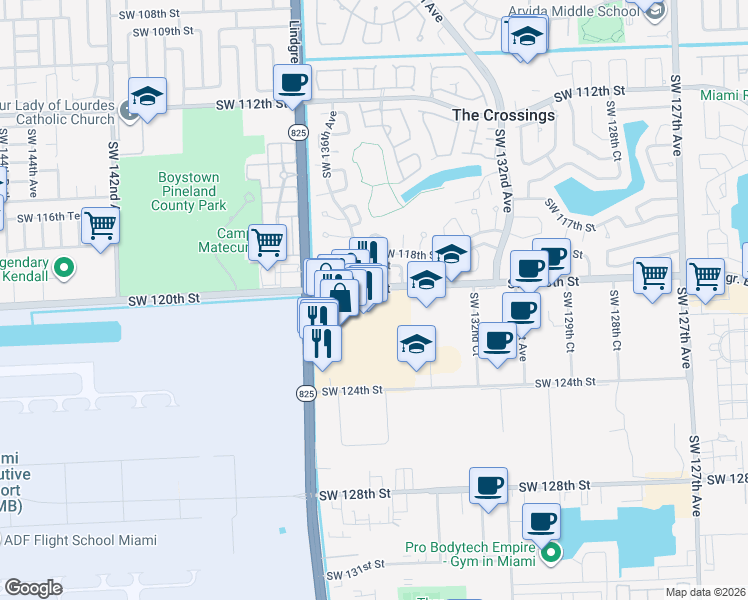 map of restaurants, bars, coffee shops, grocery stores, and more near 13430 Southwest 120th Street in Miami