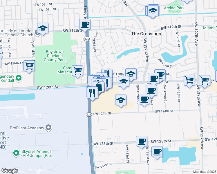 map of restaurants, bars, coffee shops, grocery stores, and more near 13630 Southwest 120th Street in Miami