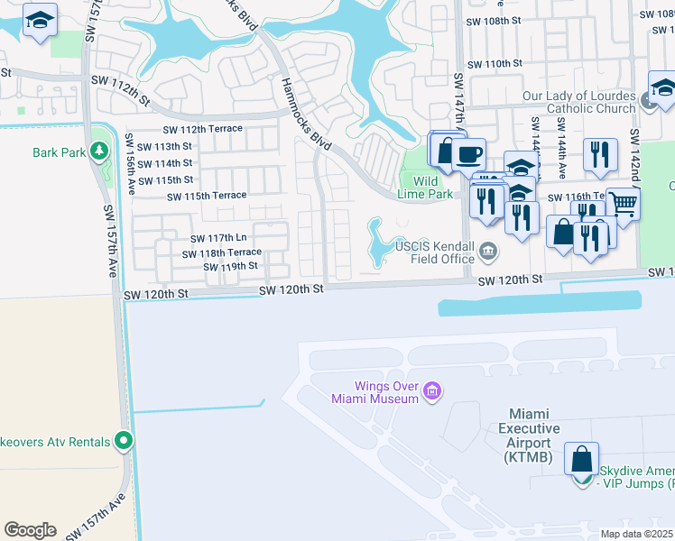 map of restaurants, bars, coffee shops, grocery stores, and more near 11957 Southwest 150th Place in Miami
