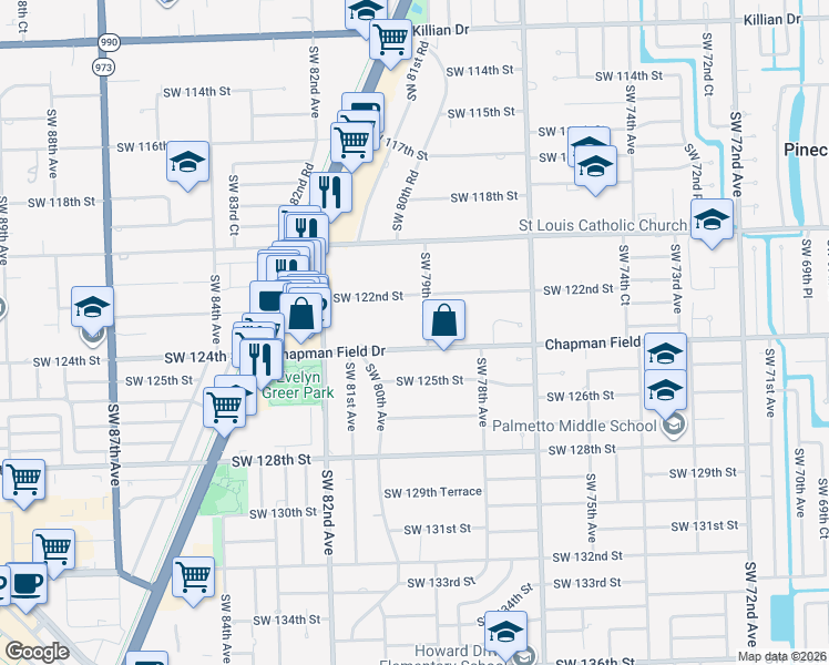 map of restaurants, bars, coffee shops, grocery stores, and more near 7951 Southwest 124th Street in Miami