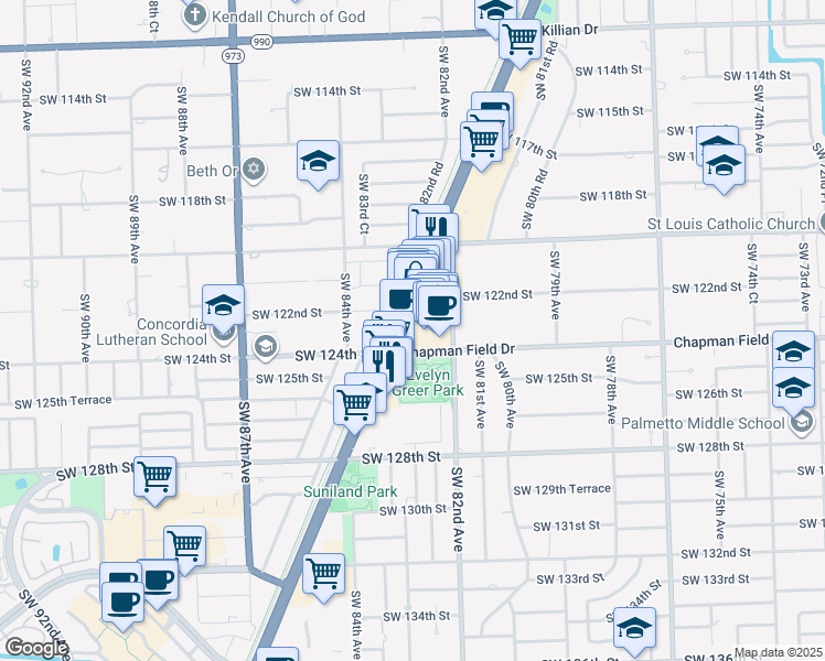 map of restaurants, bars, coffee shops, grocery stores, and more near 12307 South Dixie Highway in Pinecrest