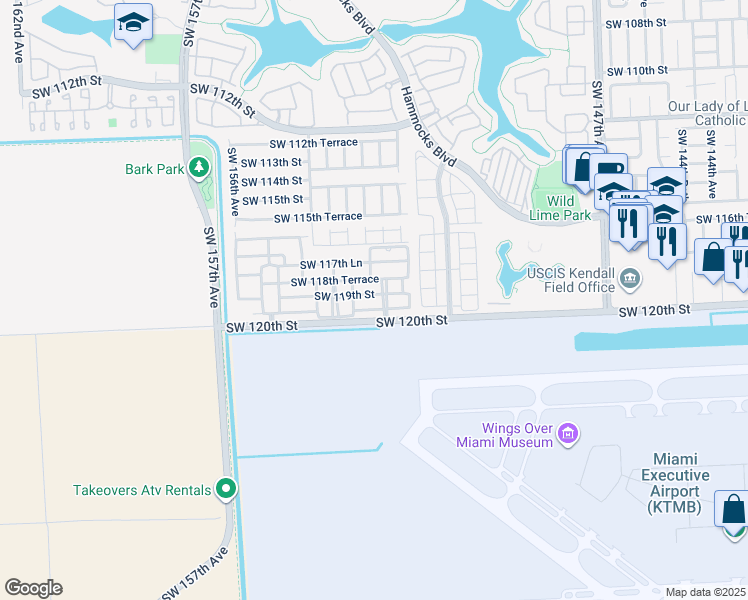 map of restaurants, bars, coffee shops, grocery stores, and more near 15276 Southwest 119th Street in Miami