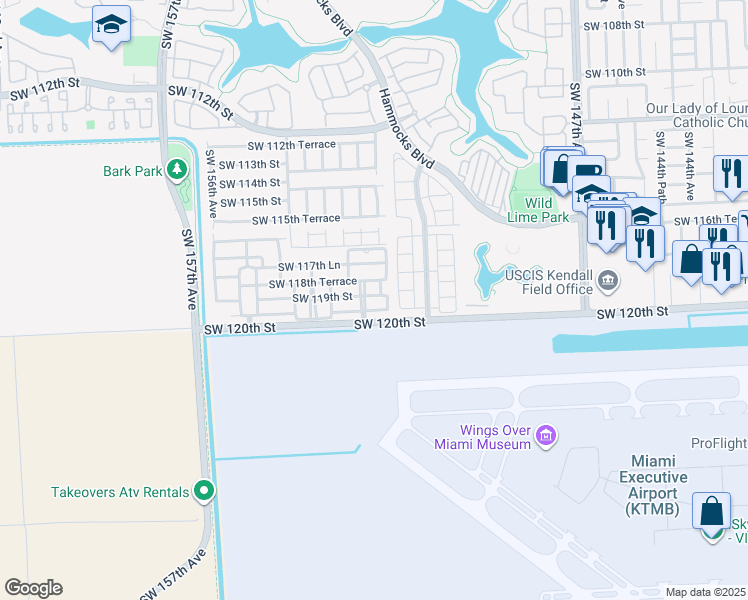 map of restaurants, bars, coffee shops, grocery stores, and more near 15208 Southwest 119th Street in Miami