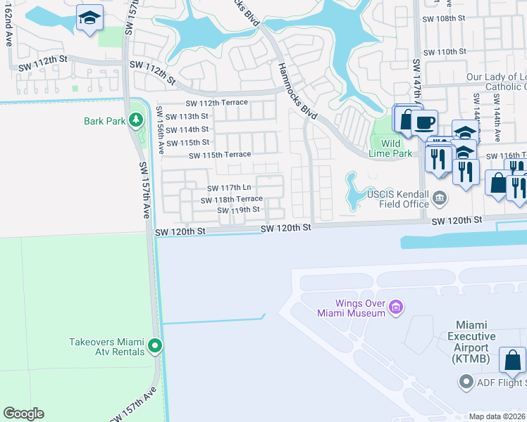 map of restaurants, bars, coffee shops, grocery stores, and more near 15276 Southwest 119th Street in Miami