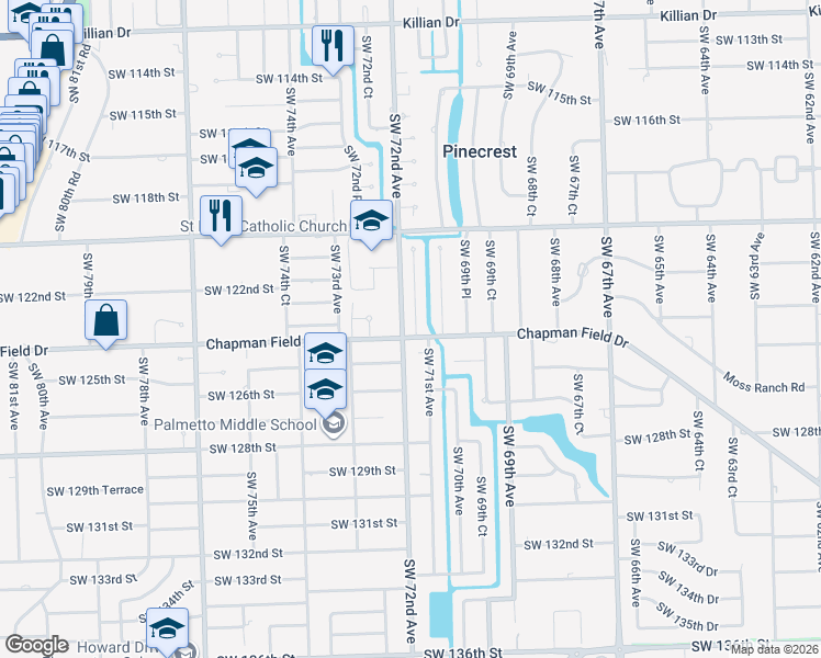 map of restaurants, bars, coffee shops, grocery stores, and more near 7199 Southwest 124th Street in Miami