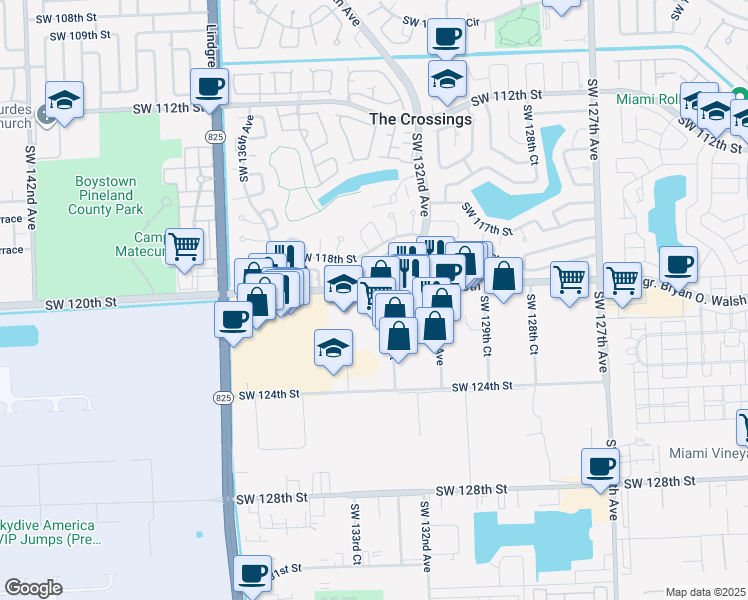 map of restaurants, bars, coffee shops, grocery stores, and more near 13280 Southwest 132nd Court in Miami