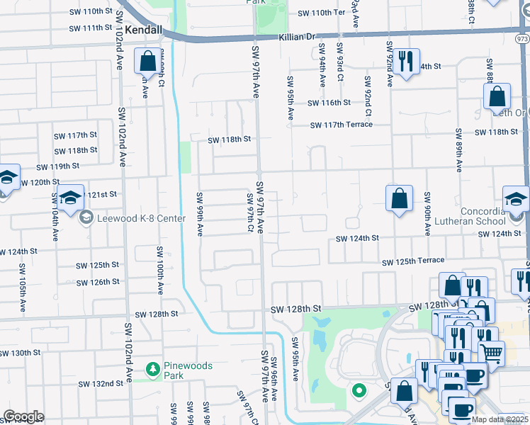 map of restaurants, bars, coffee shops, grocery stores, and more near 9661 Southwest 123rd Street in Miami