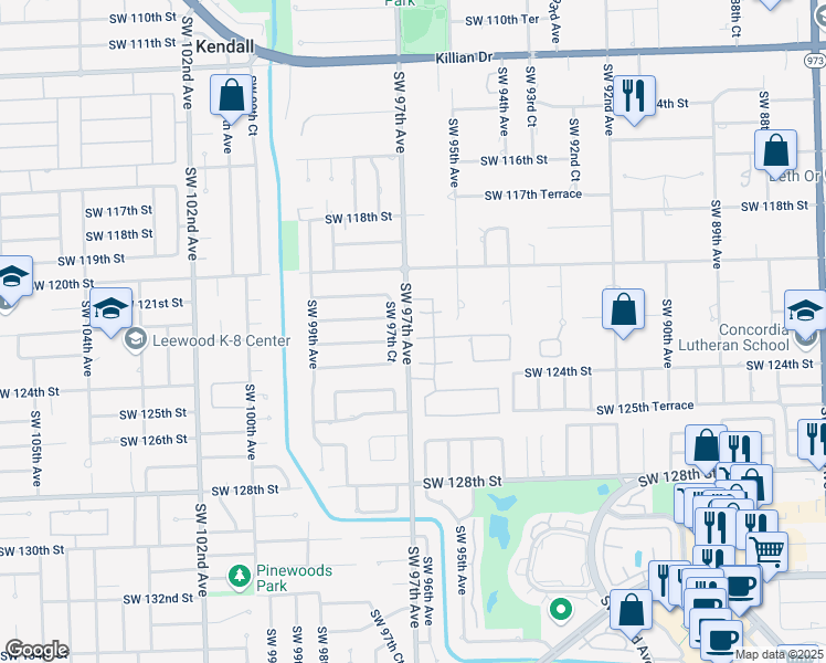 map of restaurants, bars, coffee shops, grocery stores, and more near 9661 Southwest 123rd Street in Miami