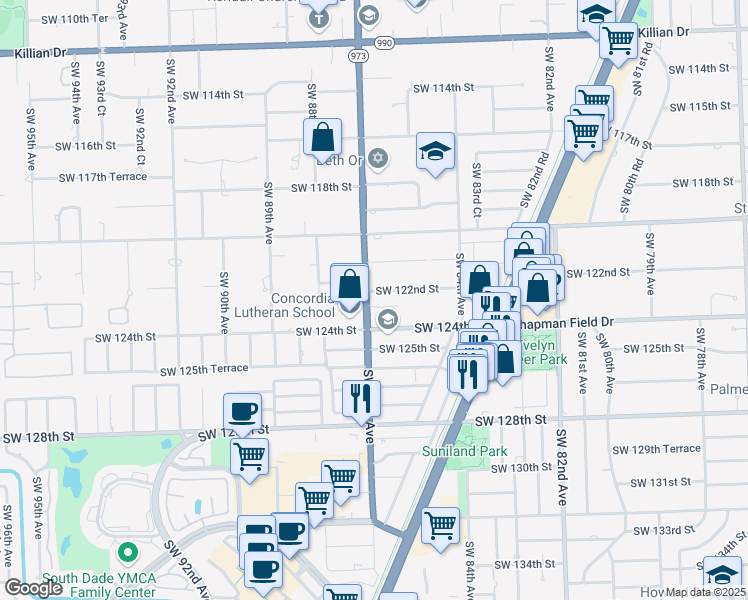 map of restaurants, bars, coffee shops, grocery stores, and more near 8651 Southwest 123rd Street in Miami