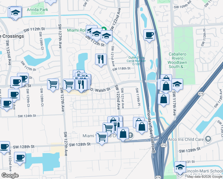 map of restaurants, bars, coffee shops, grocery stores, and more near 12235 Southwest 121st Terrace in Miami