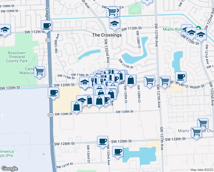 map of restaurants, bars, coffee shops, grocery stores, and more near 12000 Southwest 131st Avenue in Miami