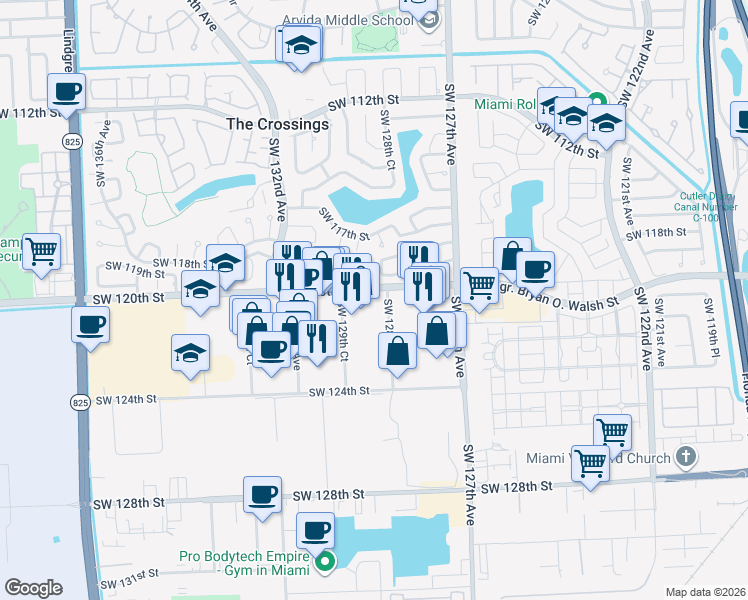 map of restaurants, bars, coffee shops, grocery stores, and more near 12002 Southwest 128th Court in Miami