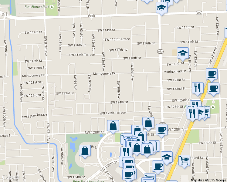 map of restaurants, bars, coffee shops, grocery stores, and more near 9050 Southwest 122nd Street in Miami