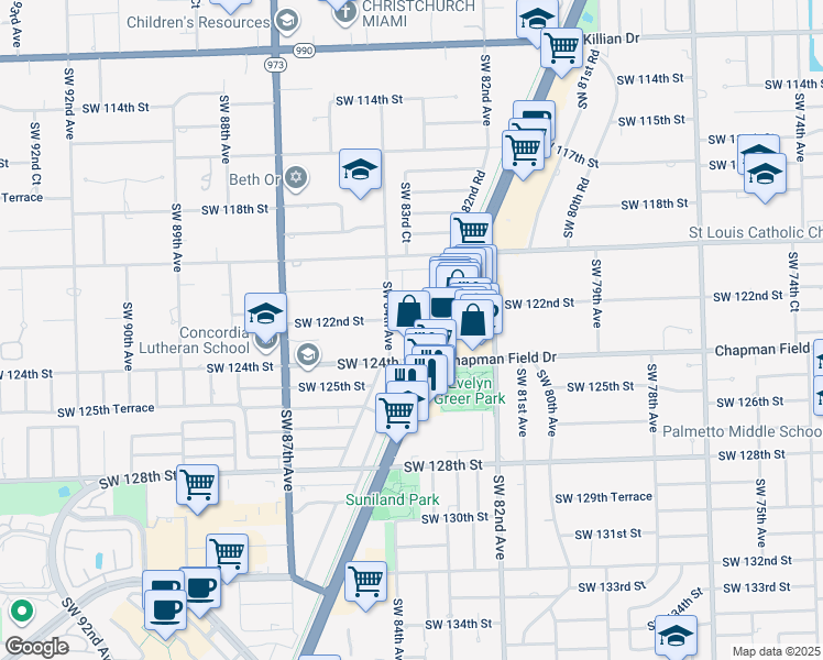 map of restaurants, bars, coffee shops, grocery stores, and more near 8370 Southwest 122nd Street in Miami