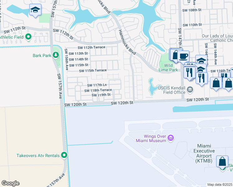 map of restaurants, bars, coffee shops, grocery stores, and more near 11885 Southwest 152nd Place in Miami