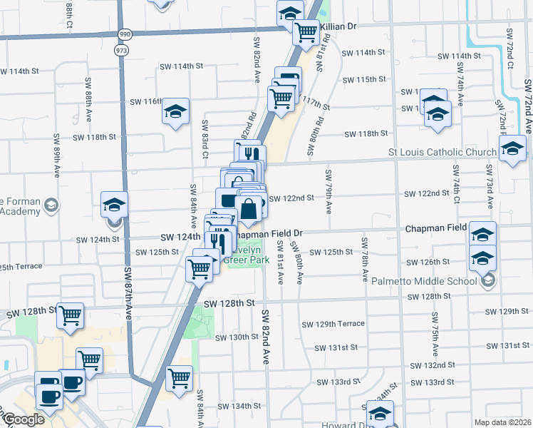 map of restaurants, bars, coffee shops, grocery stores, and more near 12368 Southwest 82nd Avenue in Pinecrest