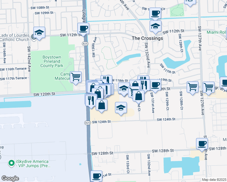 map of restaurants, bars, coffee shops, grocery stores, and more near 13400 Southwest 120th Street in Miami