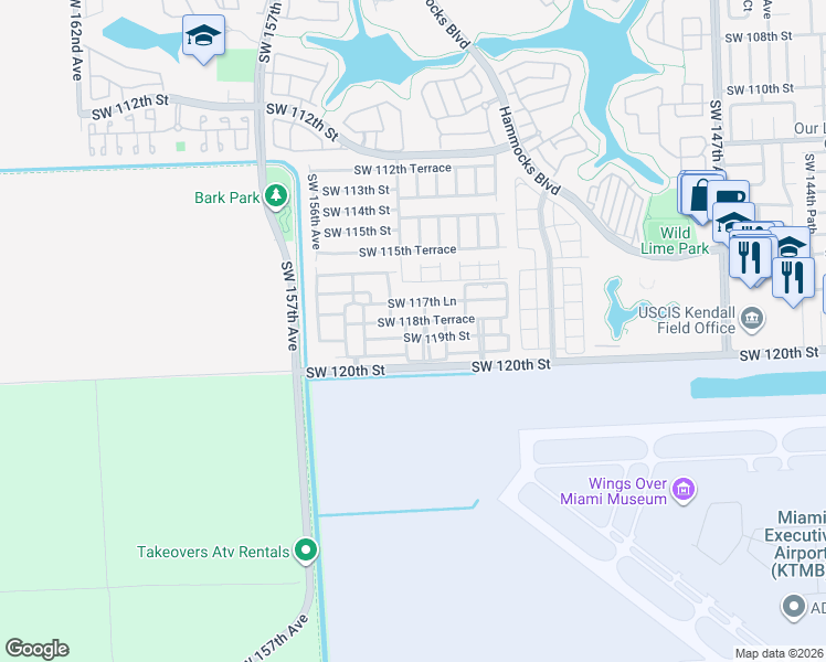 map of restaurants, bars, coffee shops, grocery stores, and more near 11917 Southwest 153rd Avenue in Miami