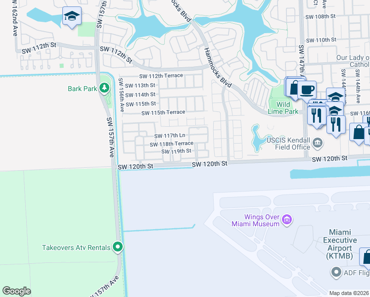 map of restaurants, bars, coffee shops, grocery stores, and more near 15276 Southwest 119th Street in Miami