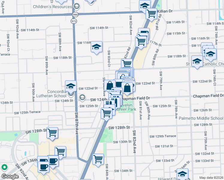 map of restaurants, bars, coffee shops, grocery stores, and more near 8370 Southwest 122nd Street in Miami