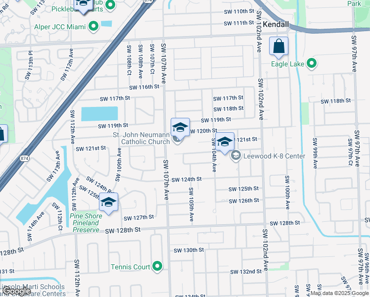 map of restaurants, bars, coffee shops, grocery stores, and more near 12115 Southwest 107th Avenue in Miami