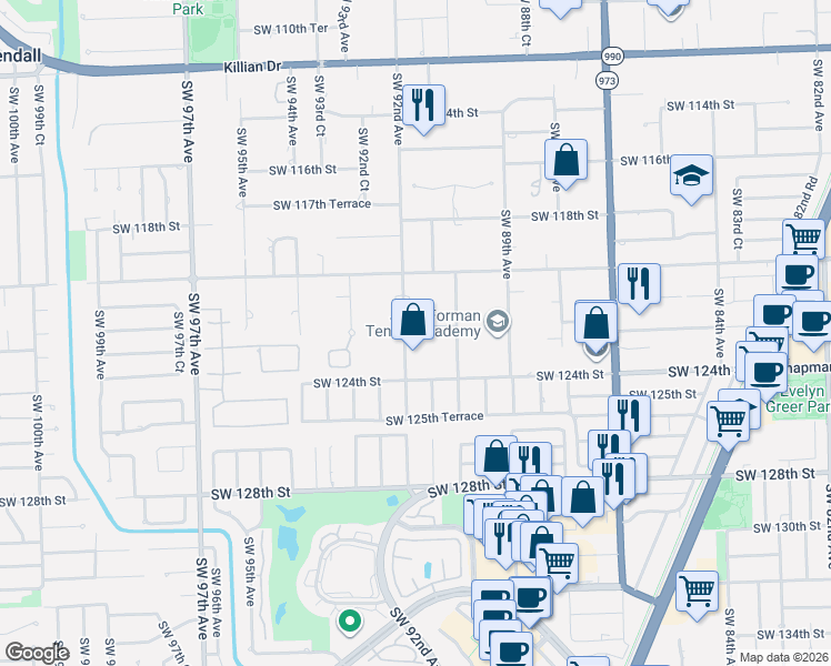 map of restaurants, bars, coffee shops, grocery stores, and more near 9050 Southwest 122nd Street in Miami