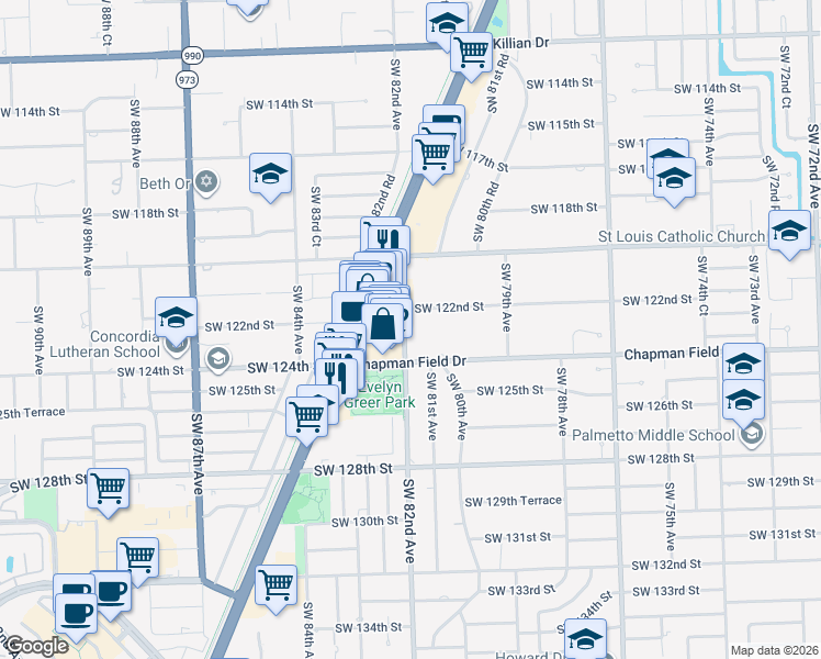 map of restaurants, bars, coffee shops, grocery stores, and more near 12368 Southwest 82nd Avenue in Pinecrest