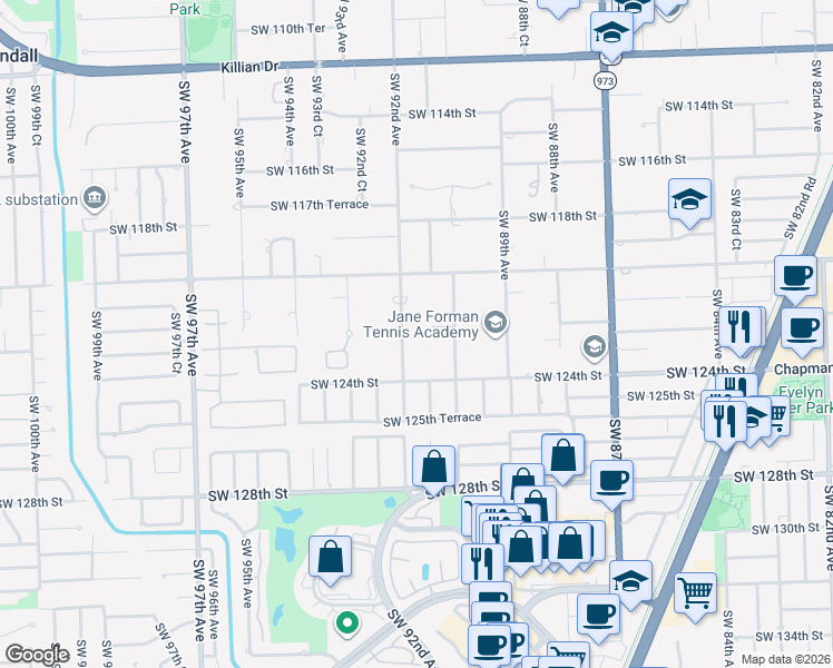 map of restaurants, bars, coffee shops, grocery stores, and more near 9050 Southwest 122nd Street in Miami