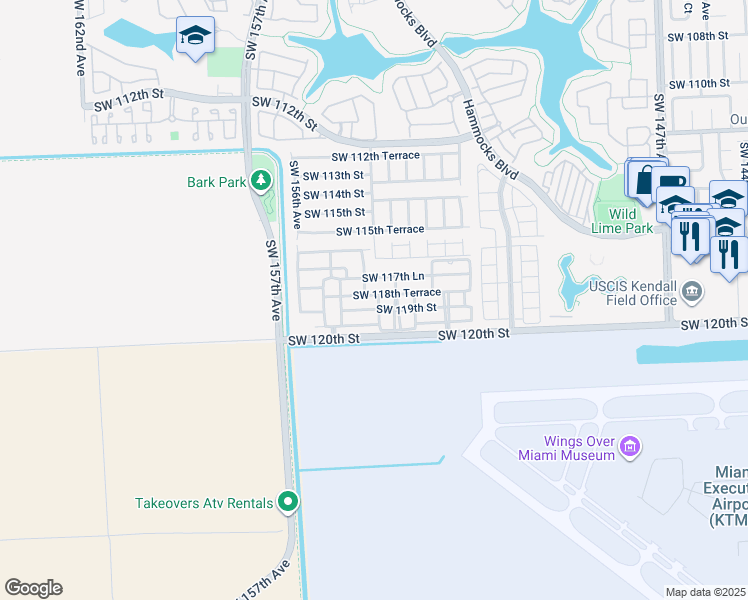 map of restaurants, bars, coffee shops, grocery stores, and more near 15438 Southwest 119th Street in Miami