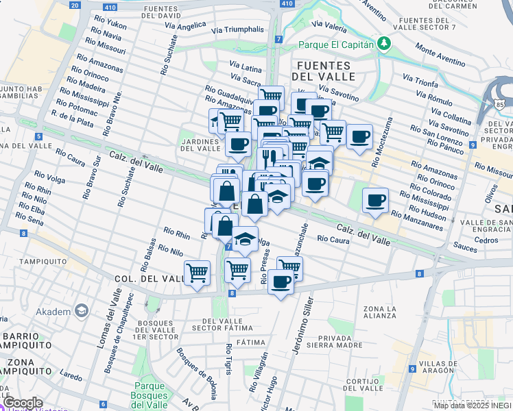 map of restaurants, bars, coffee shops, grocery stores, and more near 347 Río Madeira in Monterrey