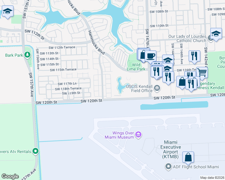 map of restaurants, bars, coffee shops, grocery stores, and more near 11957 Southwest 150th Place in Miami