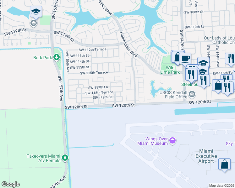 map of restaurants, bars, coffee shops, grocery stores, and more near 15208 Southwest 119th Street in Miami