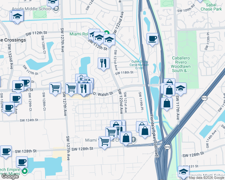 map of restaurants, bars, coffee shops, grocery stores, and more near 12235 Southwest 121st Terrace in Miami
