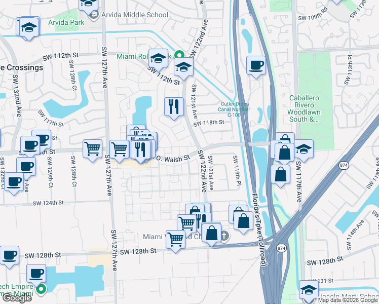 map of restaurants, bars, coffee shops, grocery stores, and more near 12235 Southwest 121st Terrace in Miami