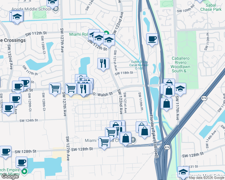 map of restaurants, bars, coffee shops, grocery stores, and more near 12235 Southwest 121st Terrace in Miami