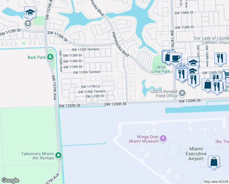 map of restaurants, bars, coffee shops, grocery stores, and more near 15208 Southwest 119th Street in Miami