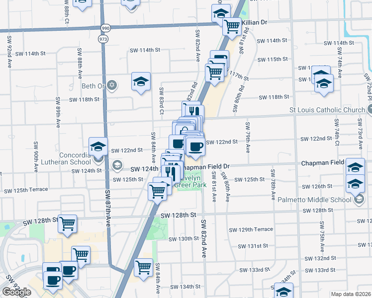 map of restaurants, bars, coffee shops, grocery stores, and more near 12307 South Dixie Highway in Pinecrest