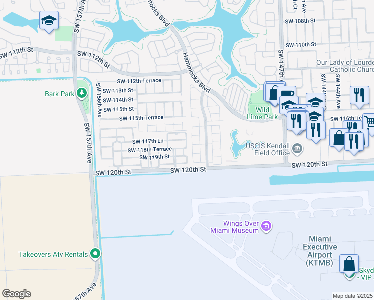 map of restaurants, bars, coffee shops, grocery stores, and more near 11823 Southwest 152nd Court in Miami
