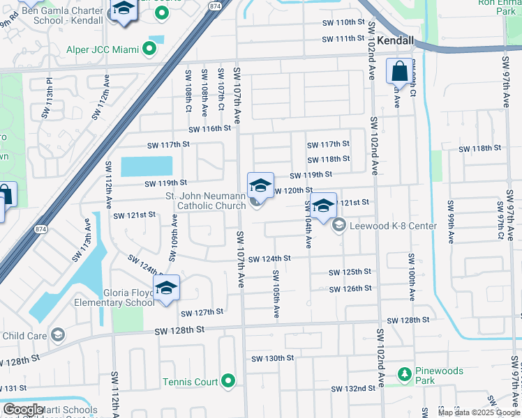 map of restaurants, bars, coffee shops, grocery stores, and more near 10500 Southwest 122nd Street in Miami