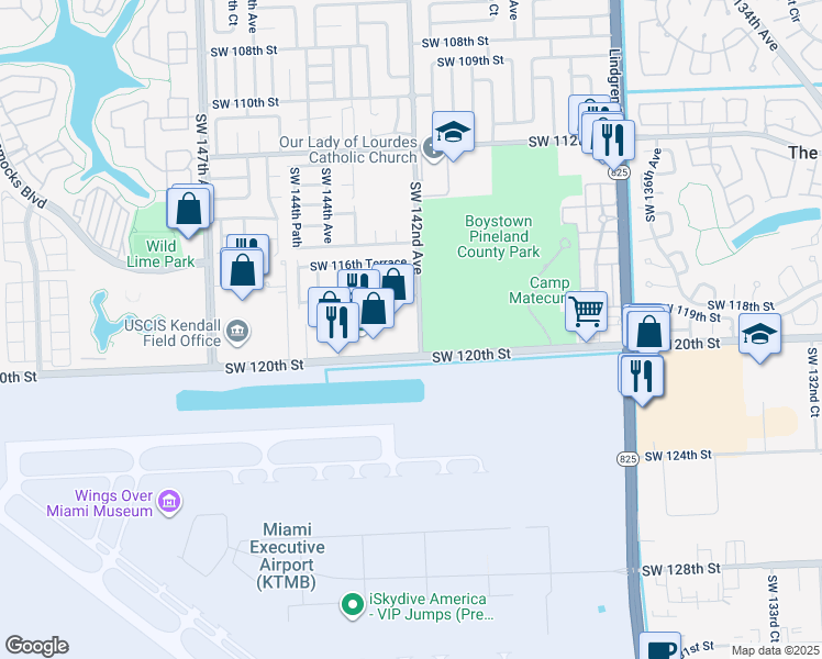 map of restaurants, bars, coffee shops, grocery stores, and more near 14202 Southwest 117th Terrace in Miami