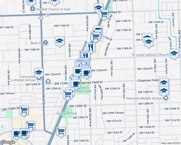 map of restaurants, bars, coffee shops, grocery stores, and more near 12141 South Dixie Highway in Miami